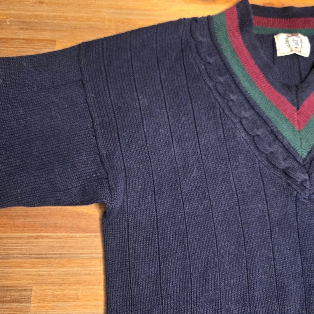 VTG Sears Roebuck & Co. Navy Cricket Sweater V-Neck Cable Knit Oversized